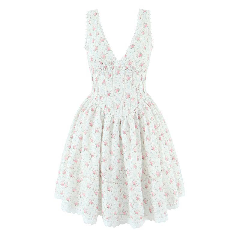 

Mist Rose House Same Romantic Sweet Lace Stitching Cream Print Waist Hugging Pure Desire Puffy Dress Mist Rose (skirt with yarn) L