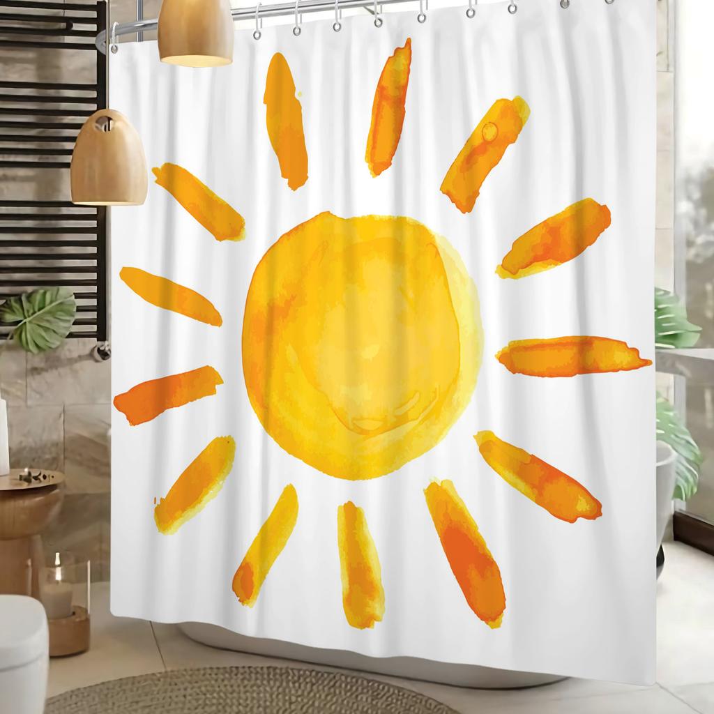 Watercolor Sun Shower Curtain Cute Hand Painted Sunshine Print Waterproof Bath Curtain For Bathroom Decor Polyester With Hooks