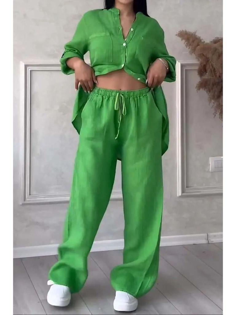 2025 European & American Casual Cotton Linen Shirt & Drawstring Wide-Leg Pants Set