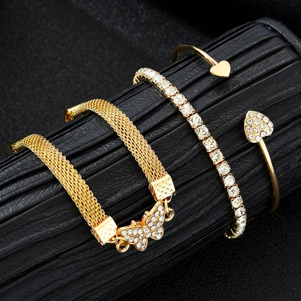 3Pcs/Set Luxury Rhinestone Butterfly Heart Bracelet For Women Vintage Exquisite Gold Color Cuff Bangle Female Daily Wear Jewelry