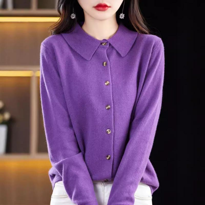 New Andy Fleece Knitted Cardigan Women's PO Shirt Collar Solid Color Sweater Jacket Top