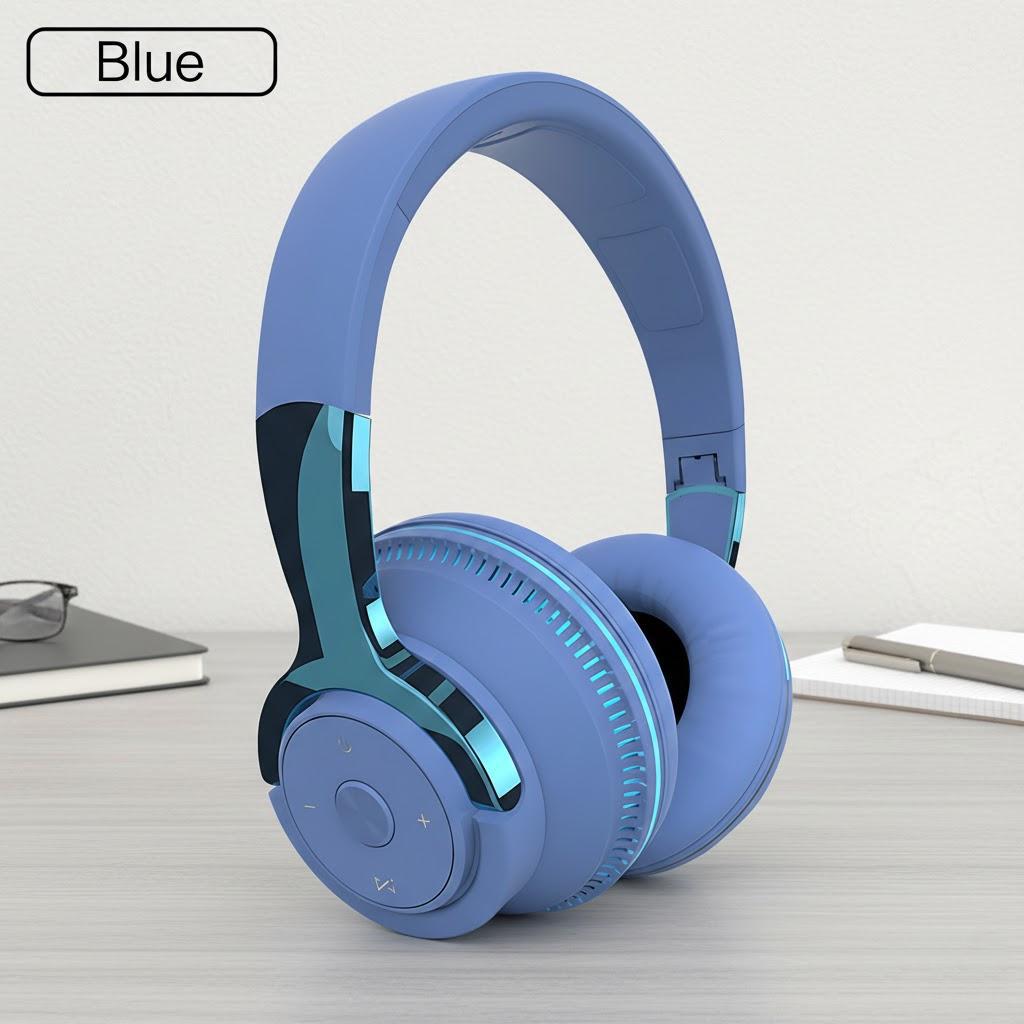 

Portable Stereo Bluetooth Headset with Mic Stretchable Card BT AUX RGB Light Soft Earmuffs синій