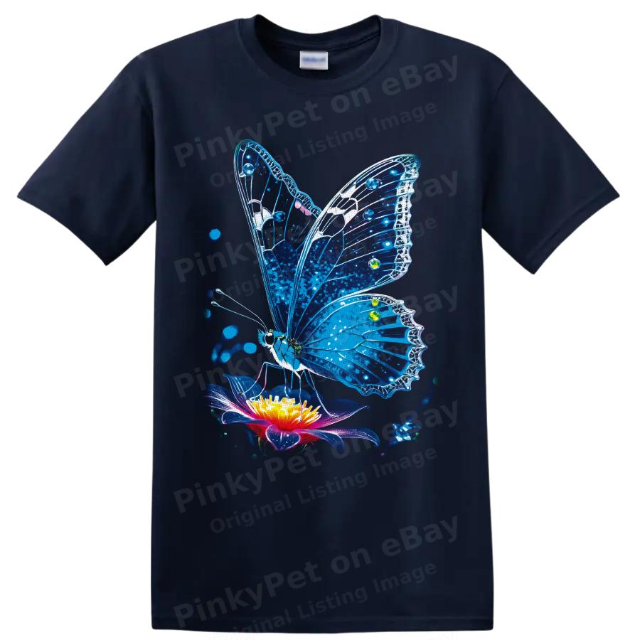 Butterfly T Shirt Blue Neon Floral Insect Nature Art Graphic Unisex Tee Gift