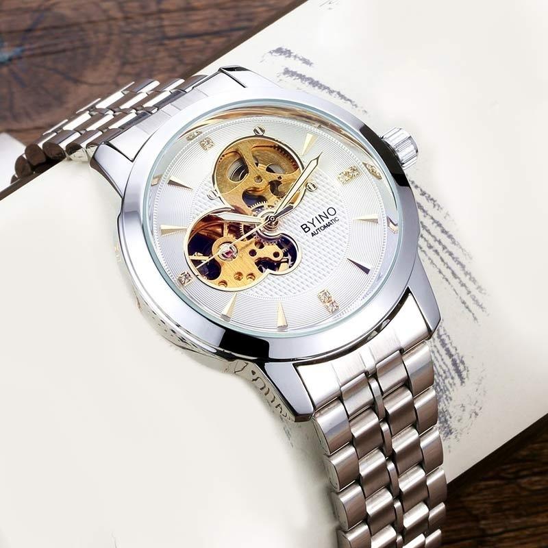 BYINO Men Mechanical Waterproof Performance Gold Steel Clock