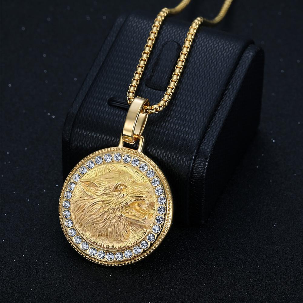 Punk  Iced Out Bling Animal Wolf Head Pendant Male Gold Color Stainless Steel CZ Round Necklace For Men Jewelry Gift 2025