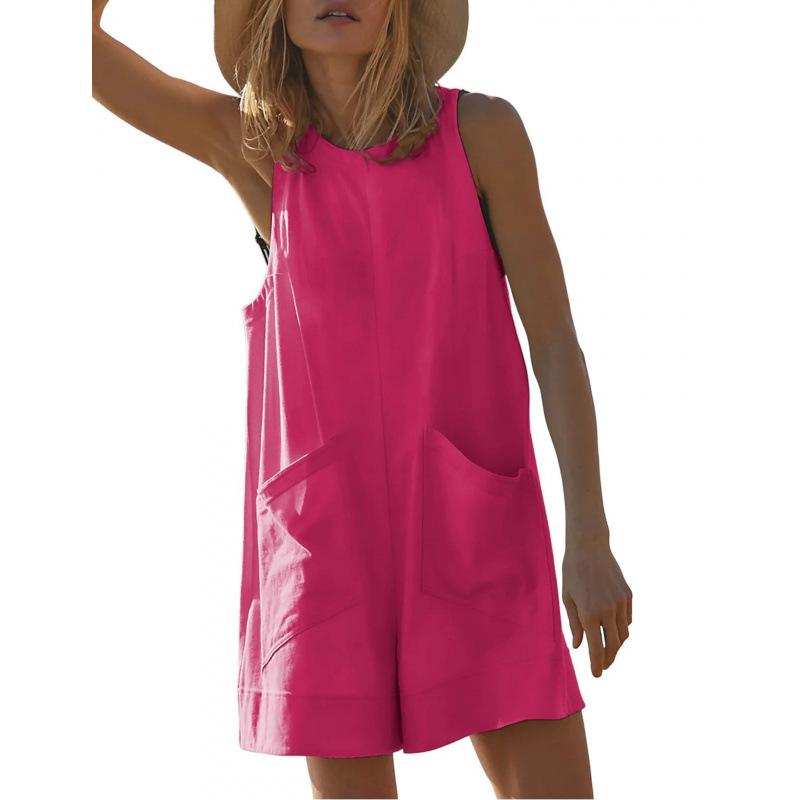 

2026 Spring/Summer European & American Women s Loose Sleeveless Pocket Jumpsuit Shorts 2XL рожевий червоний колір