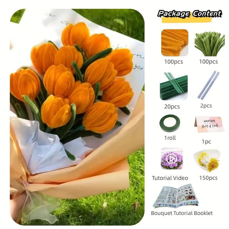Chenille Stem Tulip Bouquet Kit, DIY Pipe Cleaner Flowers Craft, Creative Gift for Mom Wife Girlfriend