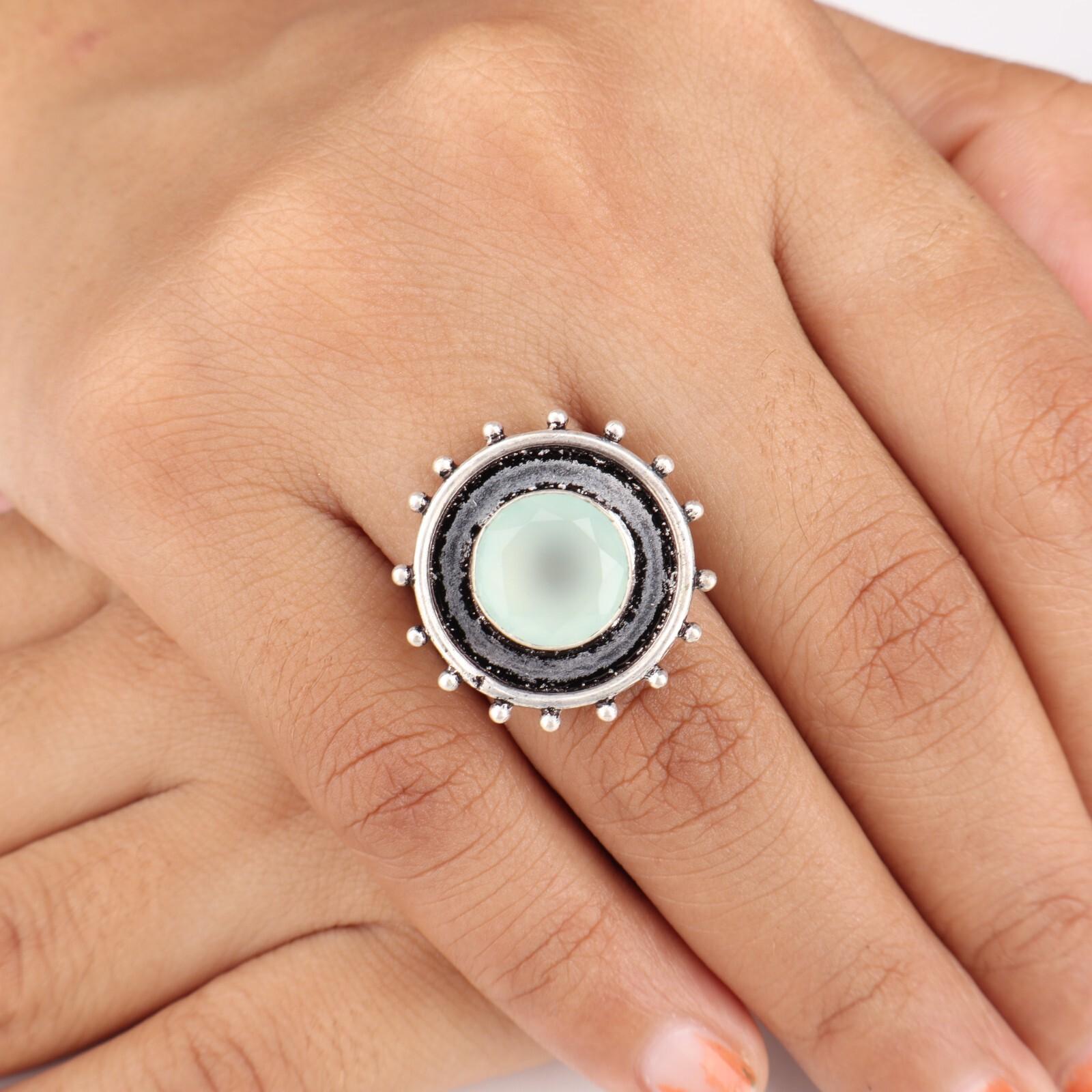 

Кольцо из стерлингового серебра 925 пробы ручной работы с драгоценным камнем аквахалцедоном, камень марта 9.5