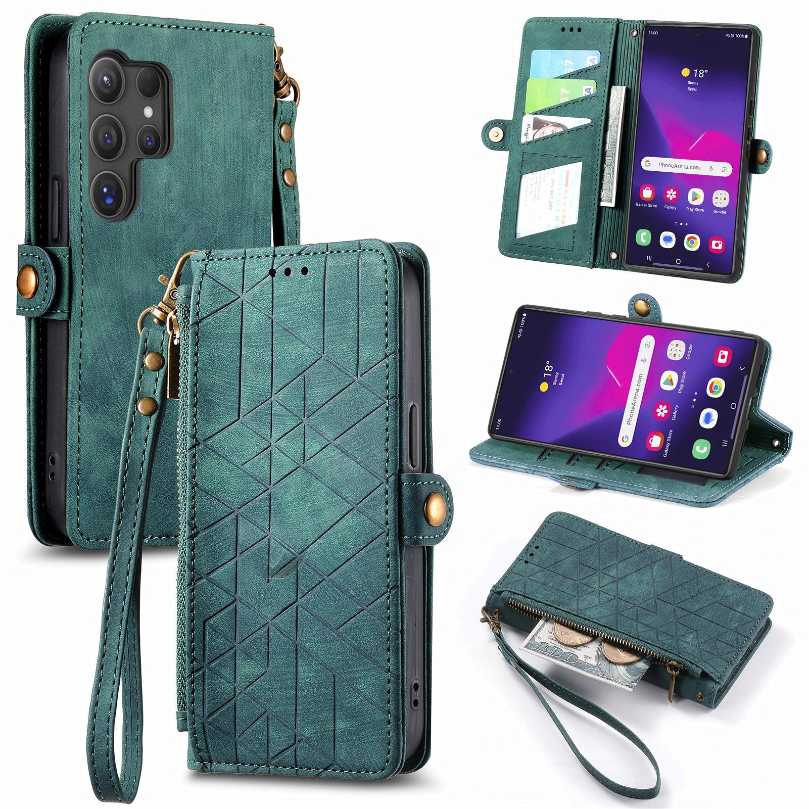 

For Samsung Galaxy S25 Ultra Zipper Wallet Case Geometry Lines Leather Phone Cover with Strap Green