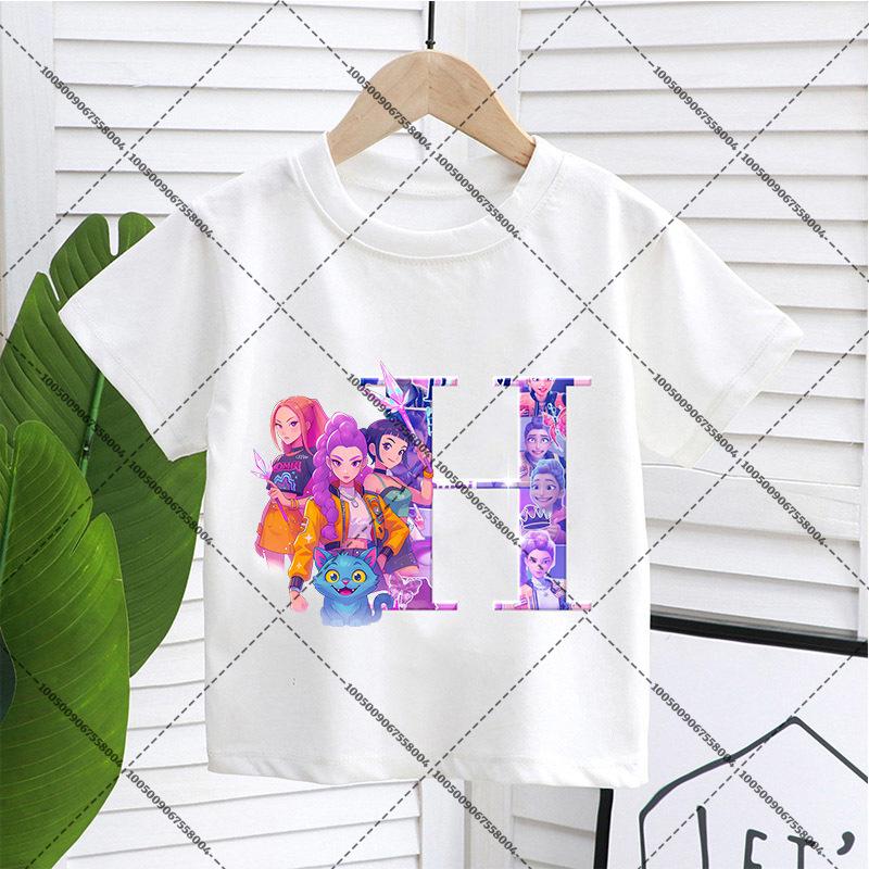 KPop Demon Hunters Child Pullover T-Shirt Cartoon Figure A-Z Letters Short-sleeve Summer Shirt Girl Cotton Casual Loose Clothing