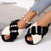 Fashion Pearls Crystal Plush Slippers Women Fashion Cross Band Slip On Cotton Slippers Woman Winter Faux Fur Warm Slides Female Comfort