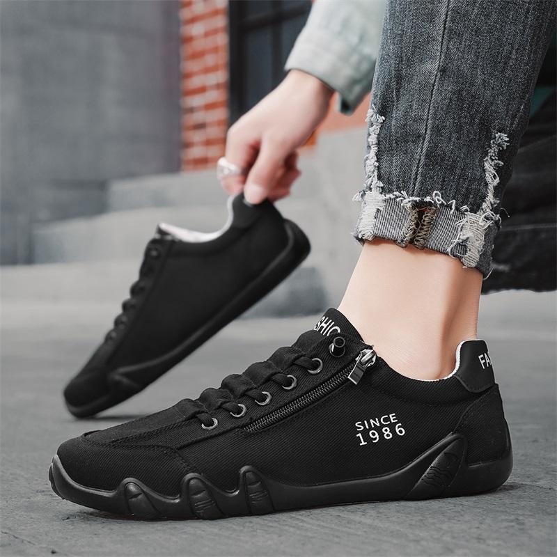 Men Canvas Shoes Breath NewCasual Walking Flat Bottom Lazy Work Leather Surface Zipper Mesh Soft Bottom Driving Loafers