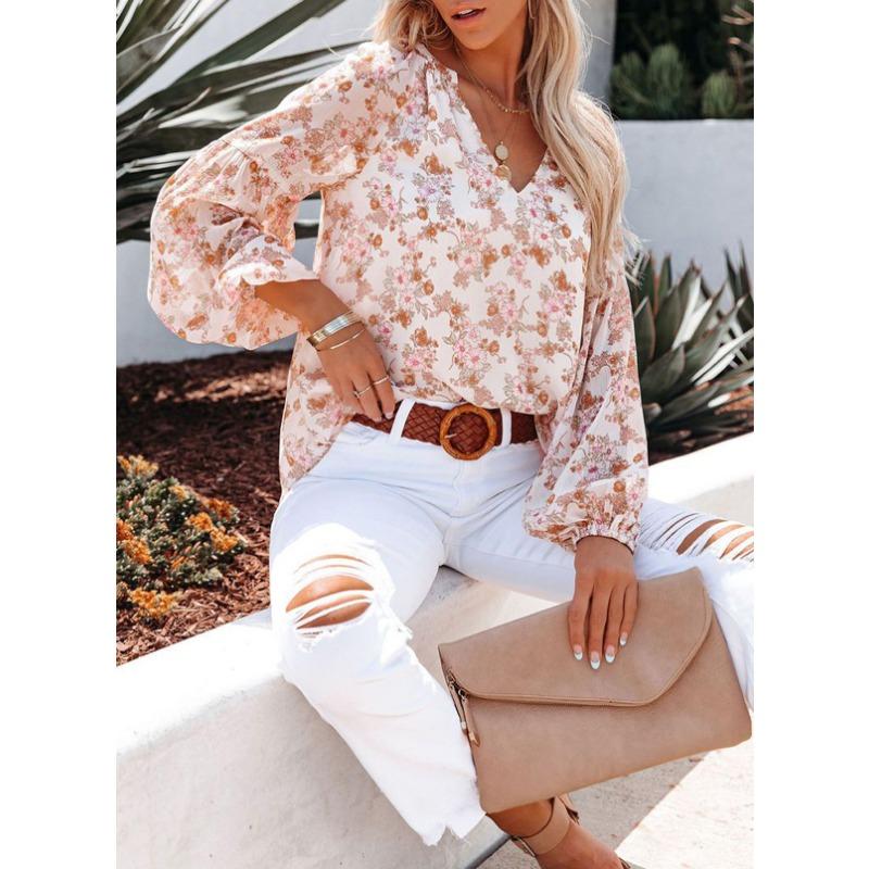 YYFS Women's Fashion Casual Spring Autumn Flower Pattern Print Long Sleeve V-Neck Blouses & Shirts