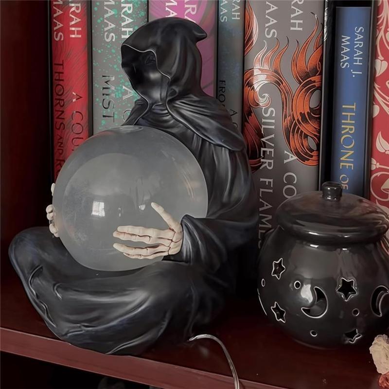 M-Modern-Crystal Ball,LED Light Grim Reaper Statue With Flying Bats Halloween Decor Water Globe For Magical Vibes