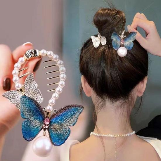 Lady Ponytail Claw Shiny Rhinestone Faux Pearl Long Tassel Flower Multi Teeth Stainless Hair Decoration Lightweight Bridal Hair Bun Clipper