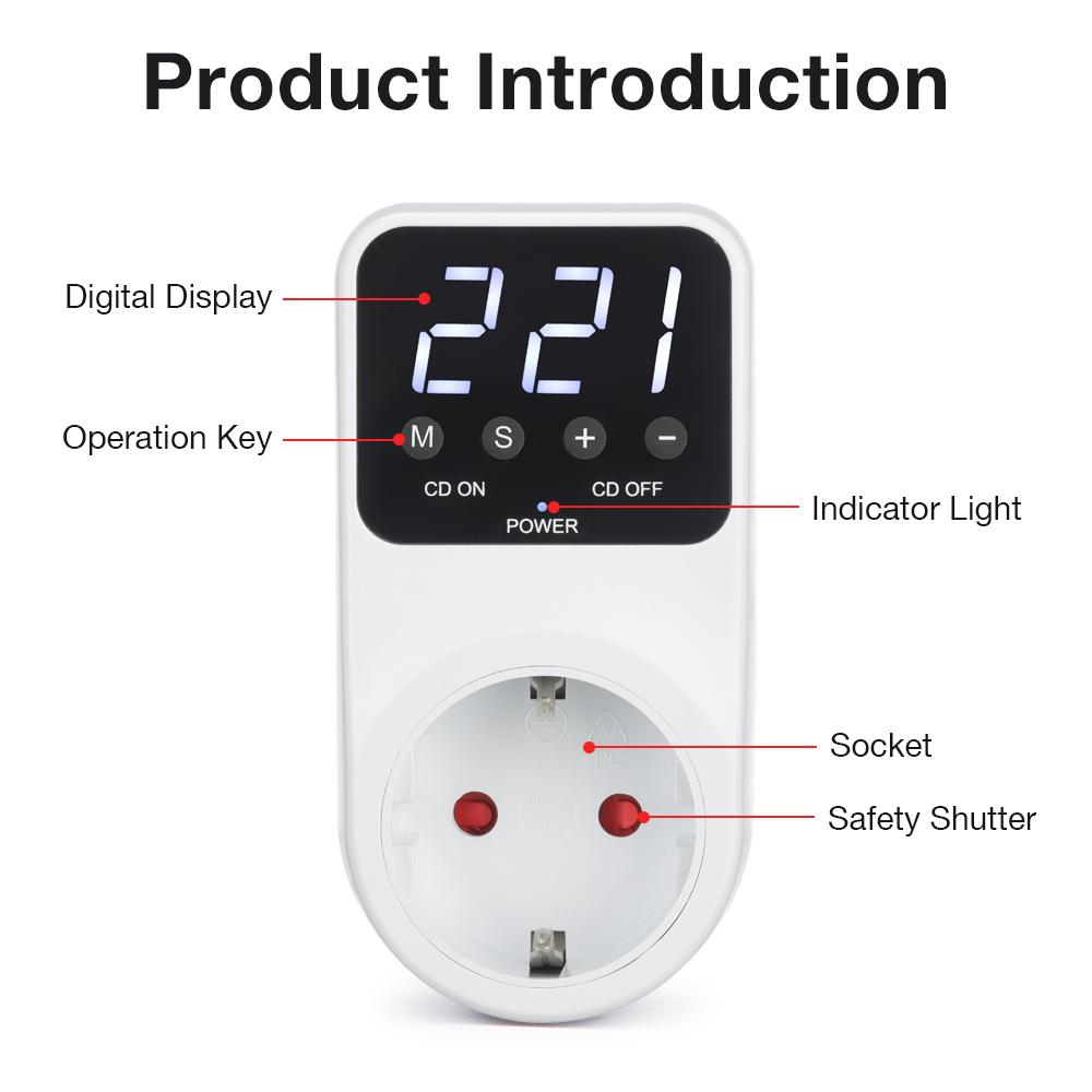 16A 230V Digitalanzeige Spannungsschutzschalter Spannungssteckdose mit Hoch-/Niederspannungsschutz Countdown-Modus Speicherfunktion