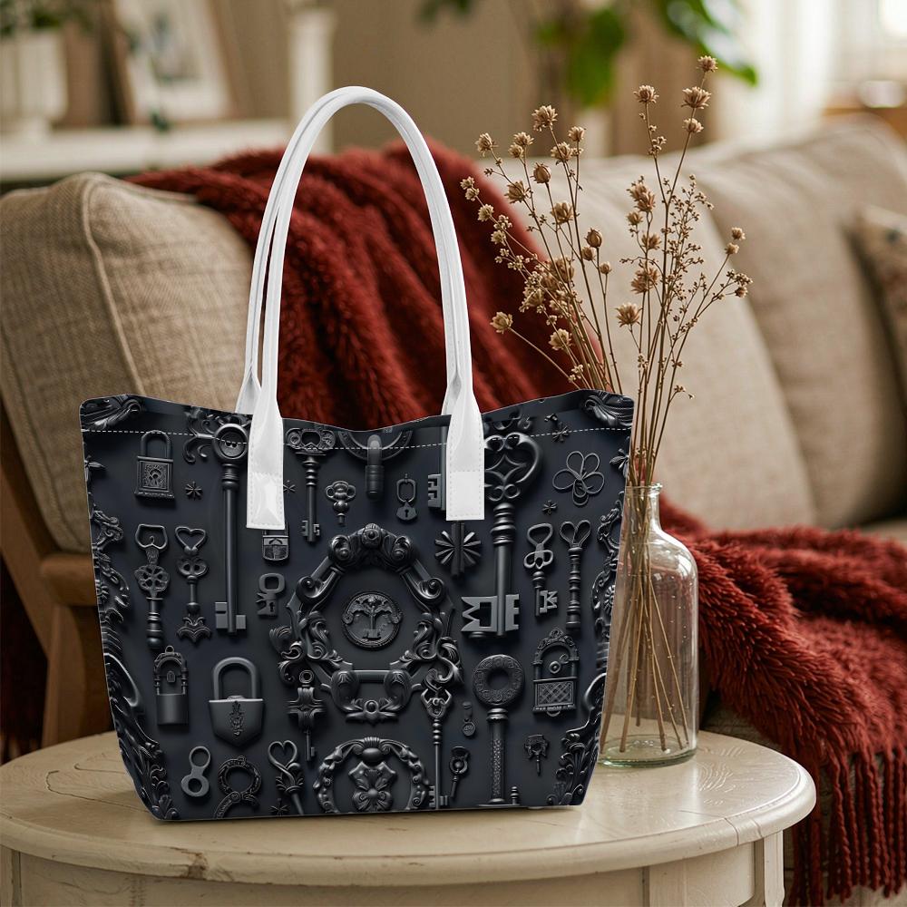 Vintage Gothic Black Key Pattern Tote Bag Casual Daily Shoulder Bag for Women Shopping Travel Use