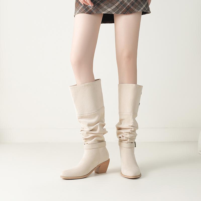 Women's high-heeled boots autumn and winter new thick-heeled suede mid-boots in size