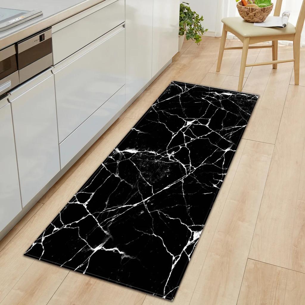 Black White Marble Print Long Runner Rug Non-slip Washable Kitchen Floor Mat Modern Abstract Home Decor Carpet