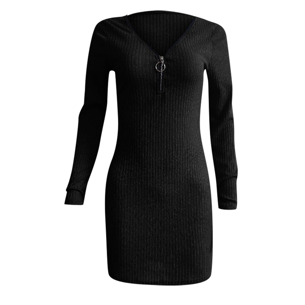 Ladies Casual  Color Woolen Skirt Zipper Waist Long Sleeve Knitted Hip Dress