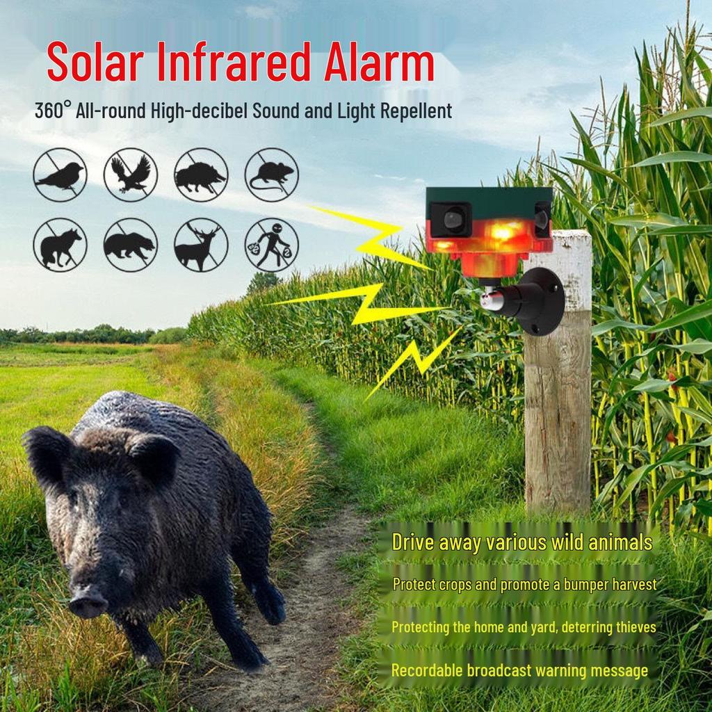 Alarma Solar Infrarroja de 360° Repelente de Animales con Advertencia Sonora y Lumínica y Transmisión de Voz