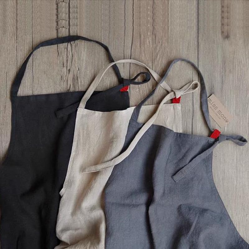 JOYAIYI Cafe-Style Linen Apron with a Simple Pocket for Hiding Your Bottom and a Front Pocket, Solid Color, Unisex Home Apron (Khaki)