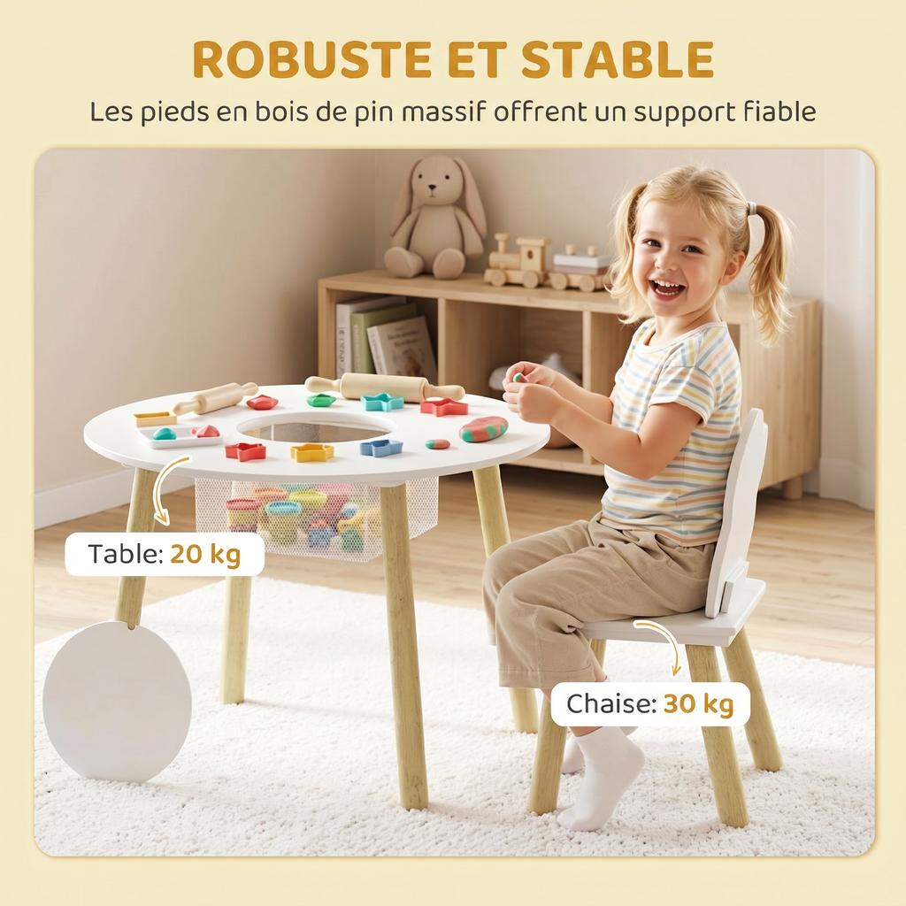 Children's Table and Chair Set, Wooden Table, 2 Chairs, Storage Bag, White
