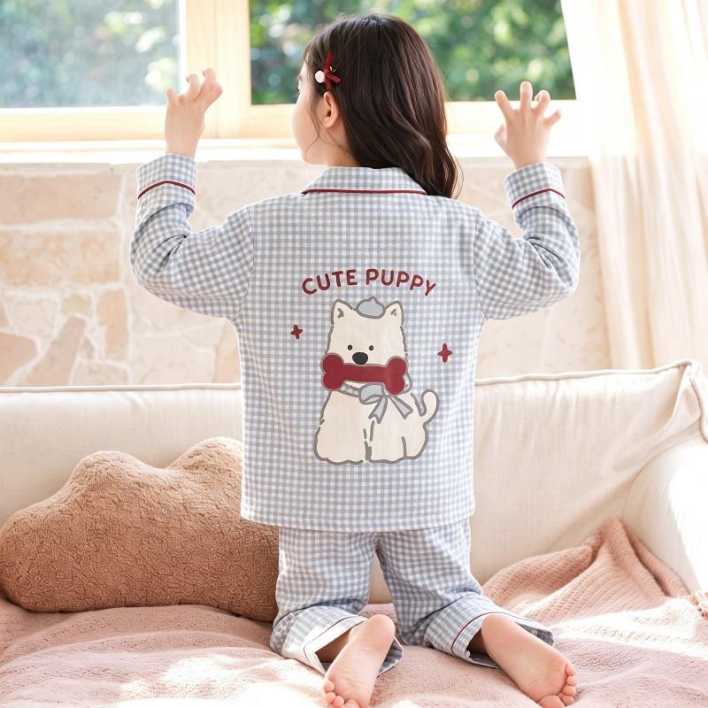 100% Cotton Girls Pajama Set Long Sleeve Cartoon Print Sleepwear Open Front Robe Style Fall