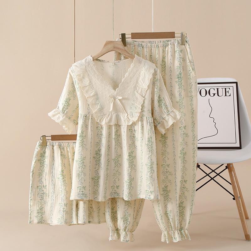 Ladies crepe cotton yarn summer and autumn short sleeves trousers shorts lace retro loungewear pajamas set three-piece set