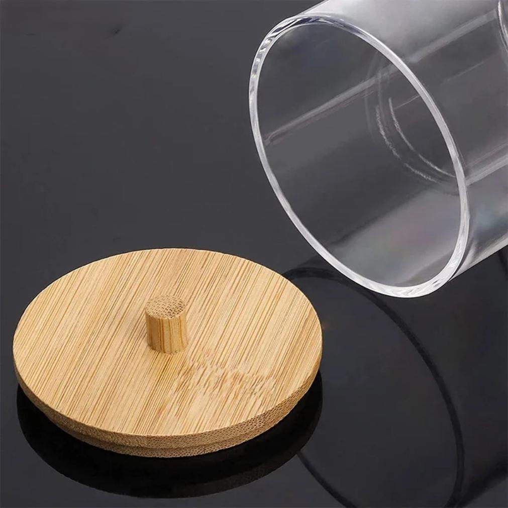Acrylic Storage Box Bathroom Jar Makeup Organizer Cotton Round Pad Holder Cotton Holder Dispenser with Bamboo Lid Clear Plastic