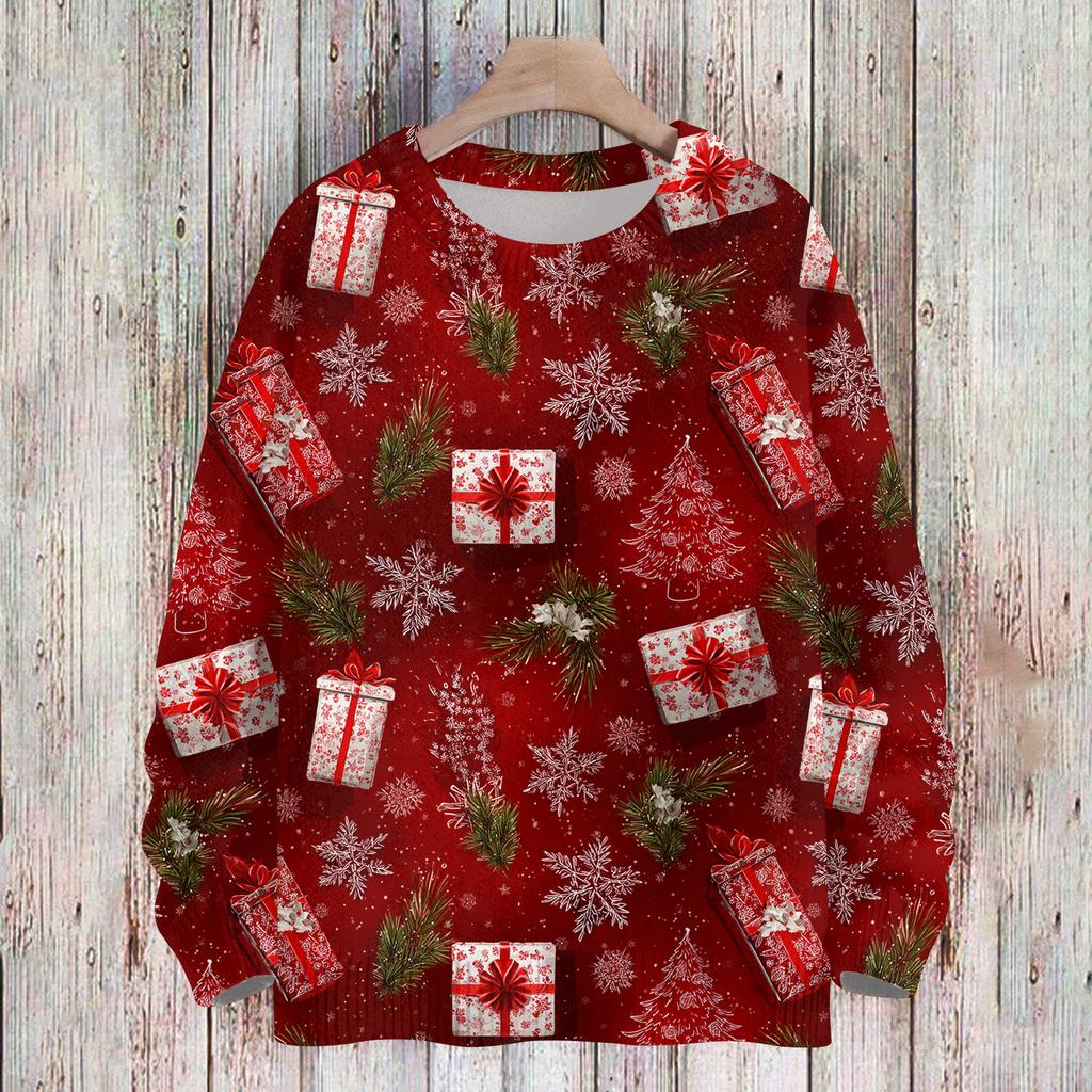 Ladies' Fashionable And Casual Christmas Cute Printed Round Neck Long Sleeved Knitted Yarn