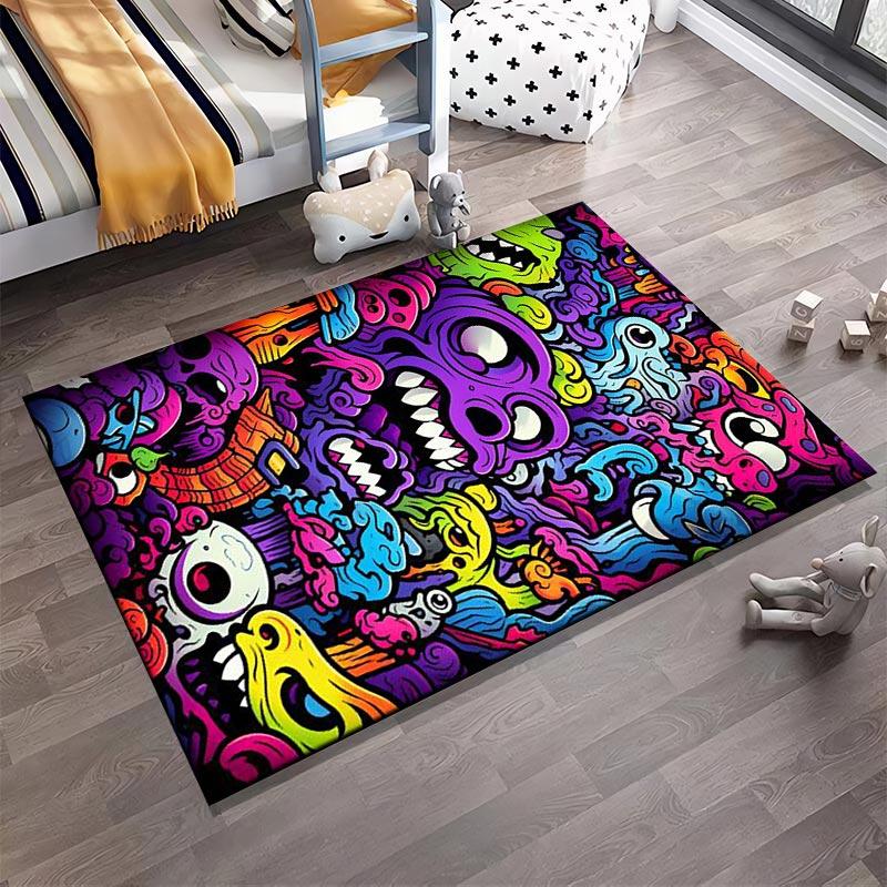 Colorful Cartoon Monster Faces Carpet with Vibrant Abstract Design Suitable for Use As an Anti-slip for Living Room Bedroom Sofas