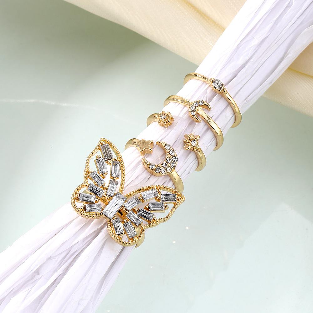 Light Luxury Style Personalized Diamond Butterfly Moon ring5A Set of Versatile, Vintage-style Metal Open Rings