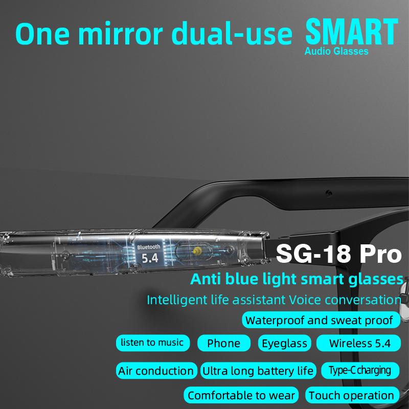 SG-18 PRO Smart Wireless Audio Glasses, Bluetooth 5.4 Anti Blue Light Eyewear with HIFI Sound & Touch Control