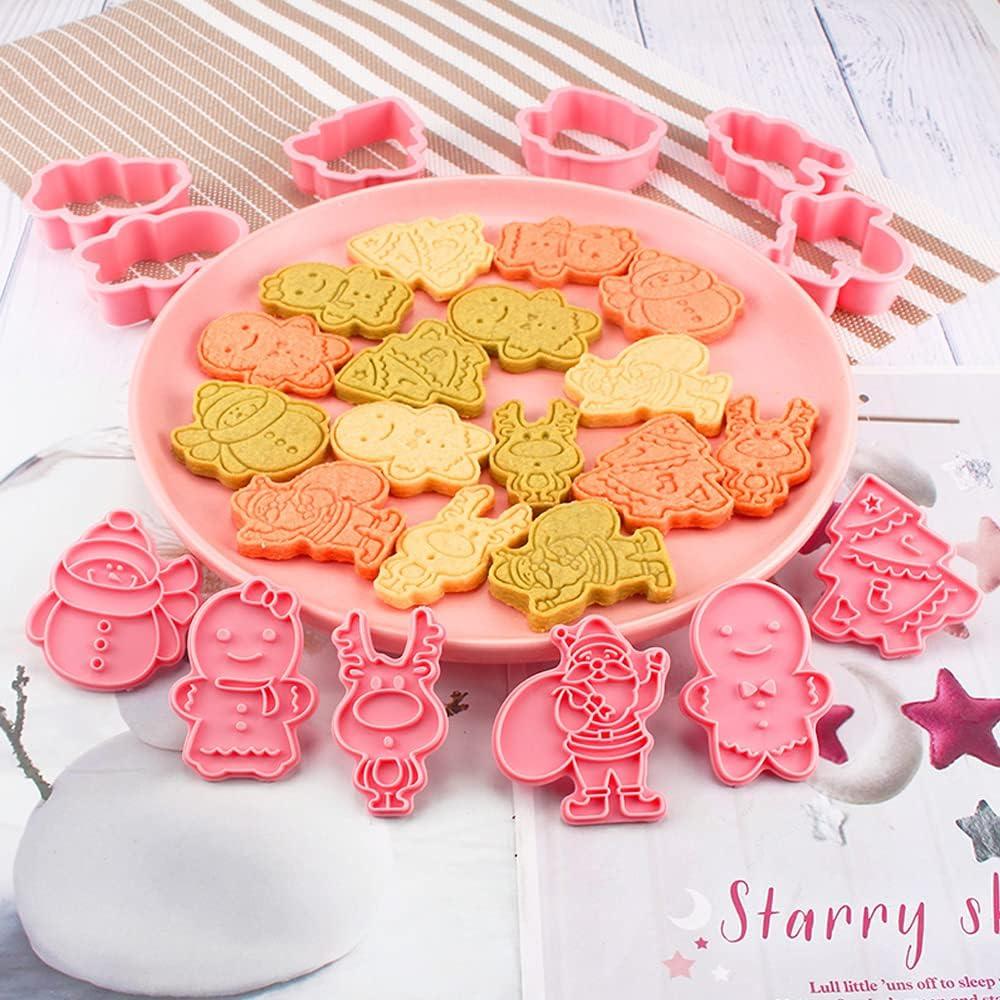 8 PCS Christmas Cookie Molds Christmas Dough Stamps Plastic 3D Cartoon Pressable Cookie Molds DIY Candy Baking Pastry Decoration