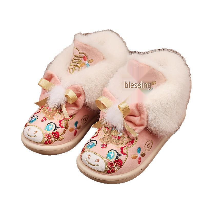 Neujahrs-Hanfu-Stiefel für Mädchen: Bestickte Winter-Baumwollschuhe mit Samt