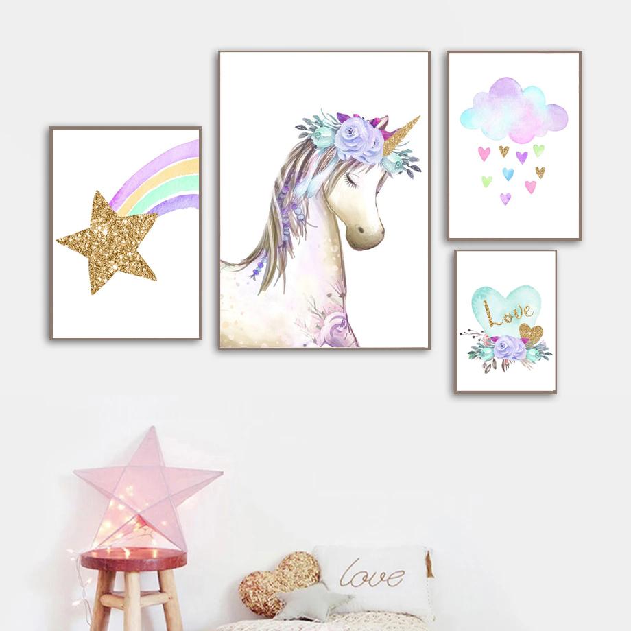 Unicorn Cloud Rainbow Wall Art Canvas Painting Nursery Posters And Prints Wall Pictures Baby Kids Room Décor No Frame