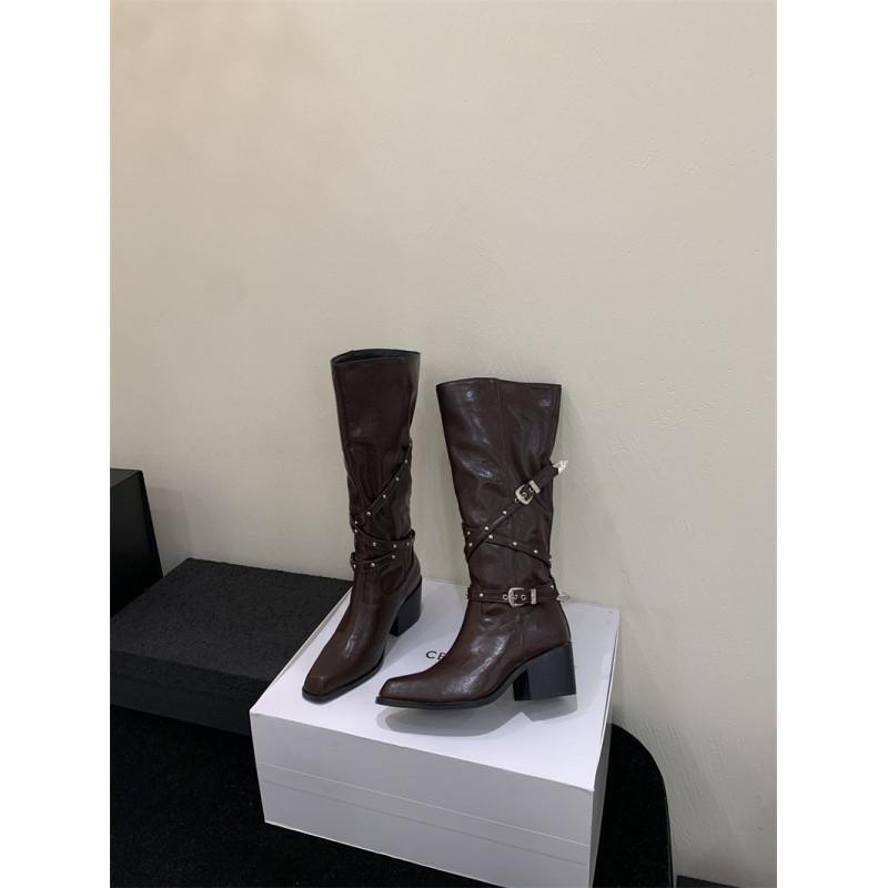 

British pointed boots 2025 new autumn wear heightening niche retro rivet high heel but knee knight boots 39 коричневый