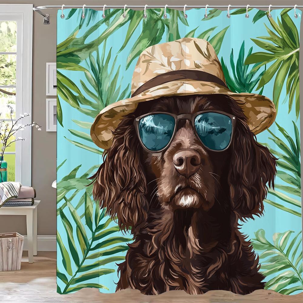 1pc Fun Cats and Dogs on the beach in Summer Shower Curtain, Bathroom Decorative Shower Curtain, Home Curtain with Hooks