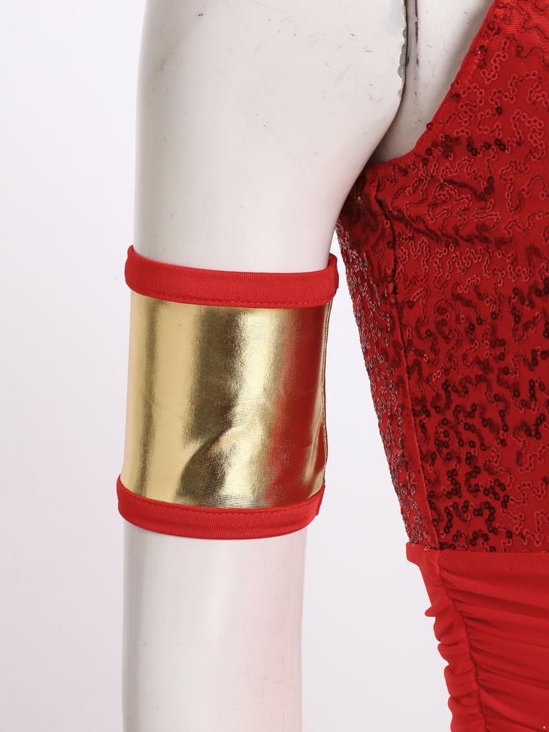 Womens Arab Princess Costume Belly Dance Design Gem Decor Contrast Color Shiny Tulle Overlay Jumpsuit