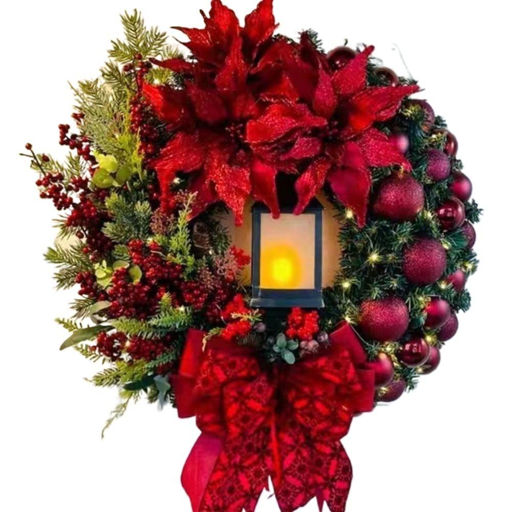 Artificial Berry Garden Wreath With Lamp Bow Ball Big Red Flower Christmas Wreath Fireplace