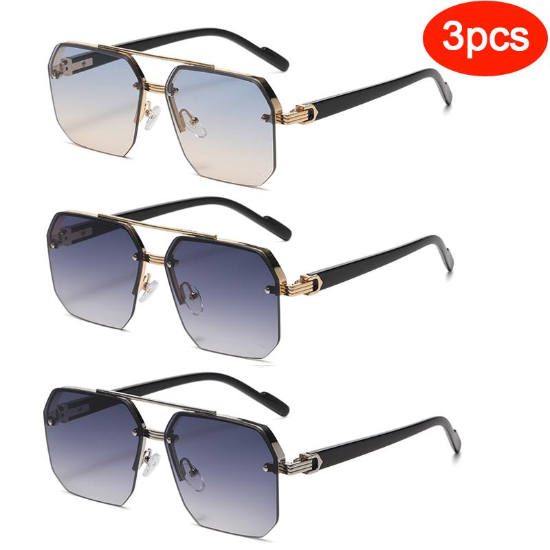 

3pcs Polygon Half-Frame Sunglasses Fashion Metal Frame Men Large Square Sun Glasses for Female Male Gradient Traveling Eyewear