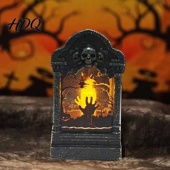 Pumpkin Bag Fillers Tombstone Candle Lantern LED Lighted Spooky Graveyard Table Lamp Halloween Tabletop Decor Small Night Light for Haunted