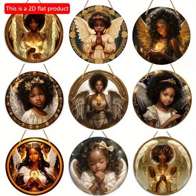1 pieza Señal Redonda de Madera de Ángel Afroamericano Plano 2D - 20cm para Decoración de Hogar/Habitación/Hogar/Restaurante/Bar/Cafetería/Puerta/Patio/Garaje, Creativo G