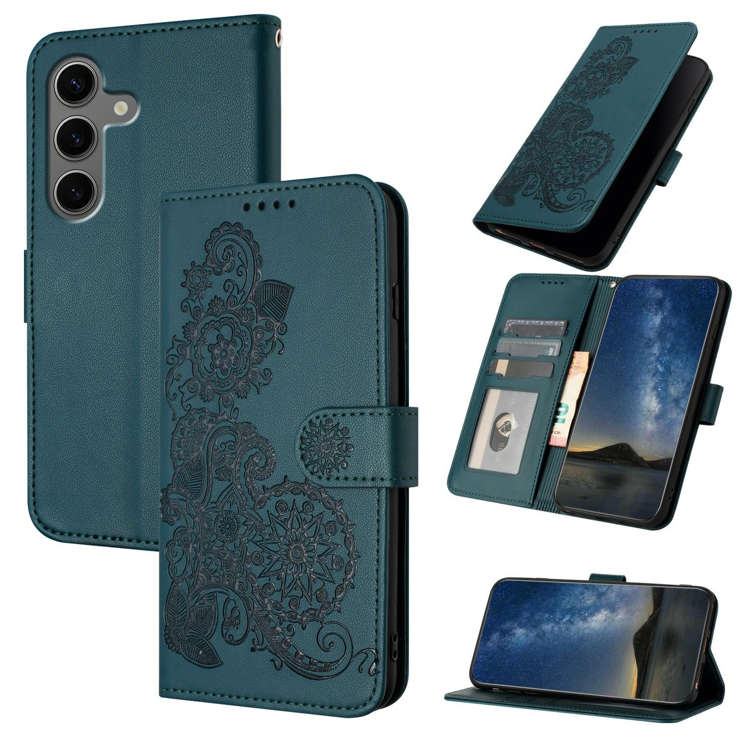 

For Samsung Galaxy S25+ Phone Cases Mandala Flower Leather Wallet Mobile Cover with Strap Blackish Green