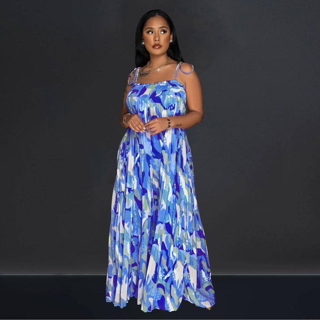 Women's Fashion Sexy Printed Strappy Pleated Wide-Leg Jumpsuit