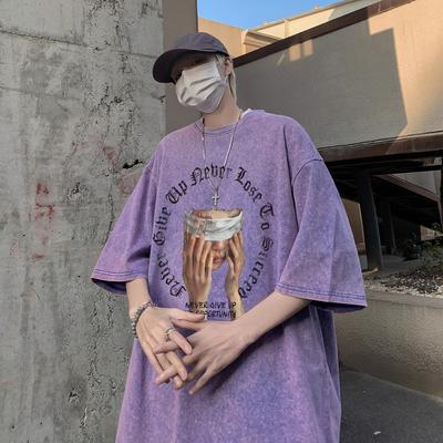 100 % Baumwolle, säuregewaschen, Vintage-Kurzarm-T-Shirt, Frontdruck, Streetwear, HipHop, Harajuku, übergroße T-Shirts