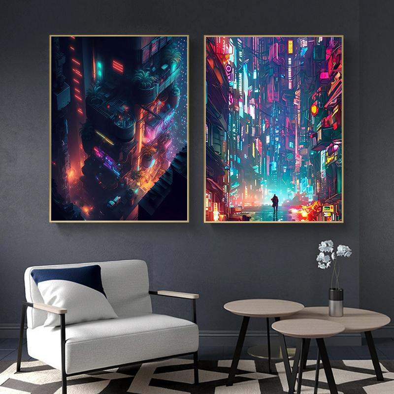 Prosperous Cyberpunk City Painting Canvas Poster Future World Wall Art Picture for Living Room Bedroom Modern Home Decor Gift