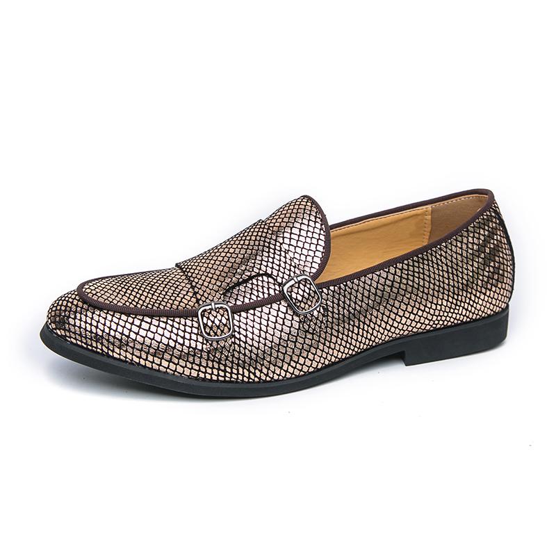 Fashion Luxury Golden Snake Skin Pattern Metal Buckle Design Men Comfortable Soft Flat Bottomed Round Toe Driving Leisure Loafer Shoes