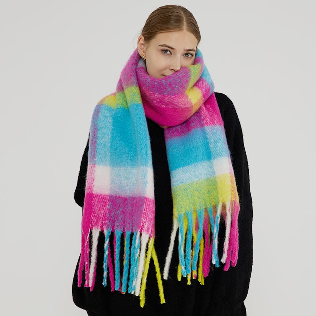 Fashion Classic Imitation Cashmere Plaid Shawl Women Korea Style Soft Thick Warm Female Scarf Fall Winter Rainbow Mohair Muffler